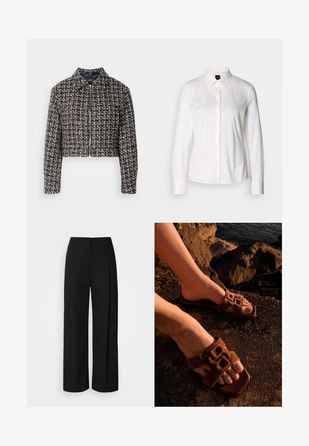 Veste en tweed noir et blanc coupée avec un col, fermeture éclair à l'avant et motif texturé sur l'ensemble. Doublée d'un intérieur uni bleu marine.; Chemise blanche à manches longues avec col classique en tissu coton doux, présentant une coupe ajustée et un design simple sans motifs.; Pantalon noir taille haute à jambes larges avec une fermeture avant dissimulée, des coutures ajustées et un tissu lisse et structuré.; Pieds portant des sandales marron à bride décorative, reposant sur un sol rocheux près de l'eau dans une lumière chaude.