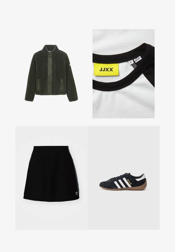 Donkergroene fleecejack met een hoge kraag, drukknoopsluiting aan de voorkant en zakken aan de zijkant; heeft een zachte textuur en contrasterende materiaalaccenten.; JJXX JXGIGI LOGO TEE - T-shirt print - bright white/black; Zwarte sportrok met een flink uitlopende snit, voorzien van witte zijstrepen en een geborduurd logo aan de zoom. Gemaakt van glad, rekbaar materiaal.; Zwarte suède sneaker met drie witte strepen, een rubberen gumzool en een klein gouden logo aan de zijkant. Heeft een gladde zwarte binnenvoering.