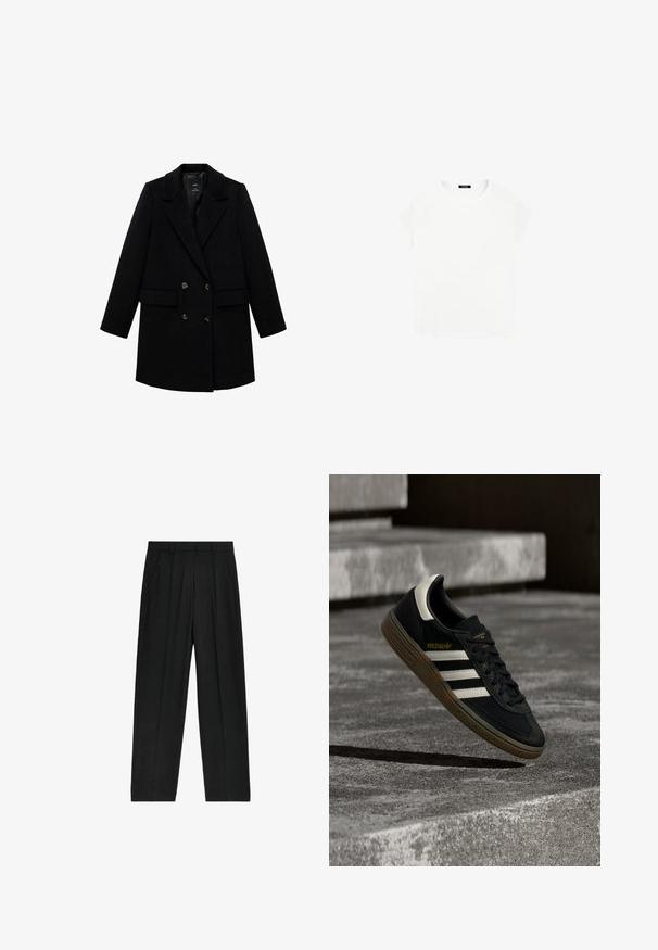 Sort dobbeltradet frakke med skarp krave, knapdetaljer og to forlommer, lavet af et struktureret stof.; Hvid bomulds t-shirt med rund halsudskæring og korte ærmer. Enkel design, ingen mønstre eller accenter. Blød, glat tekstur.; Sorte, højtaljede bukser med lige ben-design, der har plisseringer og sidelommer, lavet af et letvægtsstof.; Sort Adidas-sneaker med hvide striber og gummisåler, svævende over grå betontrapper i naturligt lys.