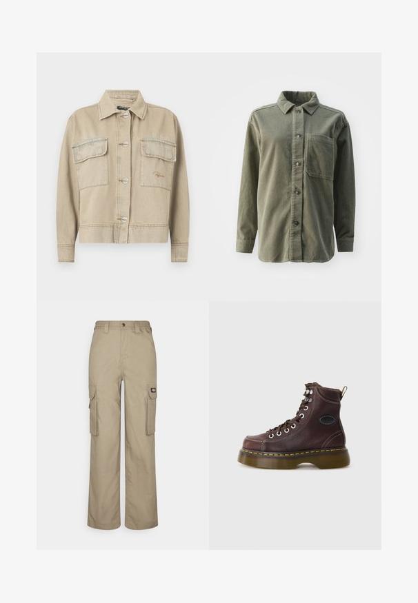 Beige denimjakke med krave, lange ærmer, knaplukning og to brystlommer. Har kontrasterende syninger og diskret logo-stikning.; Grøn corduroy skjorte med spids krave, lange ærmer, frontlomme og knaplukning med mørke knapper. Ribbede struktur gennem hele skjorten.; Beige cargo bukser lavet af slidstærkt stof, med en afslappet pasform, flere sidelommer og et elastisk liv med knaplukning.; Brun læder ankelstøvle med tekstureret overflade, sølv øjer og gul syning. Har en kraftig gennemsigtig sål og en trækstrop.