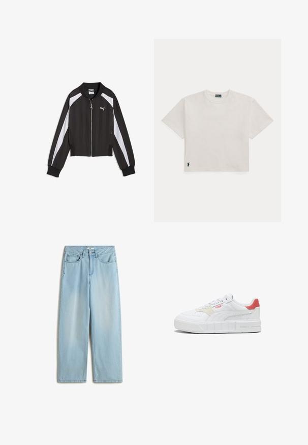 Zwarte cropped bomberjack met witte zijstrepen. Voorzien van een geribde kraag en manchetten, een ritssluiting aan de voorkant en een klein logo op de borst.; Wit T-shirt met korte mouwen en een ronde hals met een klein donker geborduurd logo vlak bij de onderzoom op een effen achtergrond.; Lichtblauwe hoge taille wijde jeans van denim materiaal, met vijf zakken, een rits en subtiele vervaging op de benen.; Witte sport sneaker met een geprofileerde rubberen zool, voorzien van een roze accent op de hiel en een crème patch aan de zijkant. Klassiek vetersluiting ontwerp.