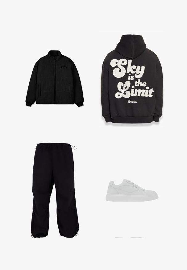 Schwarze Daunenjacke mit hohem Kragen, strukturiertem Rippdesign, durchgehendem Reißverschluss und zwei Seitentaschen. "PEGAADOR"-Logo auf der Brust.; Schwarzer Pullover mit Kapuze und großem weißen Text auf der Rückseite: "Der Himmel ist die Grenze" mit dem "Dropsize"-Logo darunter. Weicher Stoff, lässige Passform.; Schwarze, locker sitzende Cargo-Hosen mit elastischem Bund und verstellbarem Kordelzug. Mit Reißverschlusstaschen und Bündchen an den Knöcheln.; Weißer Sneaker in niedrigem Schnitt mit Schnürverschluss, glattem Lederobermaterial und dicker Gummisohle, von der Außenseite gezeigt.