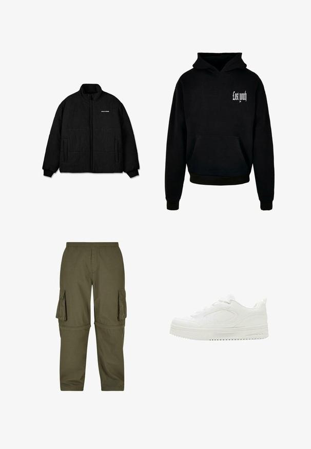 Schwarze Daunenjacke mit hohem Kragen, strukturiertem Rippdesign, durchgehendem Reißverschluss und zwei Seitentaschen. "PEGAADOR"-Logo auf der Brust.; Schwarzer Kapuzensweatshirt mit einer vorderen Tasche, versehen mit weißem Text "Lost youth" in der oberen linken Ecke. Aus Baumwollmischung.; Olivgrüne Cargo-Hosen aus leichtem Material, mit mehreren Seitentaschen, einem elastischen Bund und einem geraden Schnitt.; Weißer Sneaker mit tief geschnittenem Schaft, dicker Sohle, Schnürung vorne und dezenten, aufgenähten Designdetails auf der glatten Oberseite.