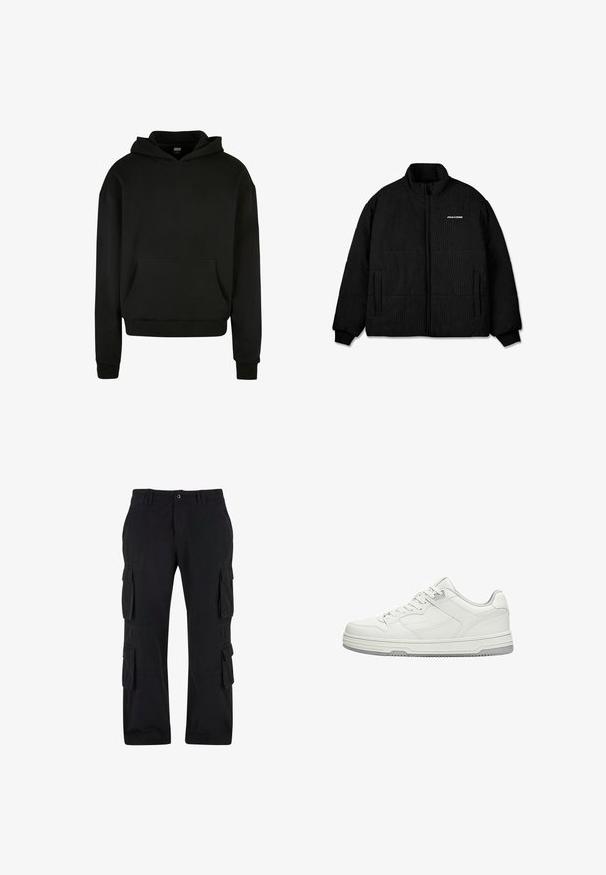 Veste en doudoune noire avec un col haut, présentant une texture côtelée, une fermeture éclair à l'avant et deux poches latérales. Logo "PEGAADOR" sur la poitrine.; Sweatshirt à capuche noir fabriqué en tissu doux, avec une poche avant, des poignets côtelés et une coupe décontractée.; Pantalons cargo noirs en tissu coton, dotés de plusieurs poches latérales, d'une coupe décontractée et d'une jambe droite.; Baskets basses blanches avec lacets à l'avant, coutures détaillées et semelle en caoutchouc grise sur fond blanc.