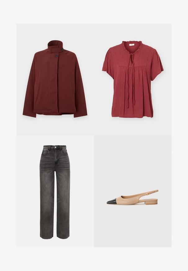 Veste rouge foncé à col montant, deux boutons noirs à l'avant et manches longues, présentée sur un fond gris clair uni.; Blouse manches courtes rouge rouille avec motif à pois texturé, col à volants, empiècement froncé et détail noué à l'avant.; Jean denim noir large à taille haute, délavé, avec poches avant, fermeture à boutons et passants pour ceinture sur fond uni.; Chaussure slingback en cuir beige avec un bout pointu noir, un petit talon carré et une boucle décorative sur la sangle de la cheville. Texture lisse.