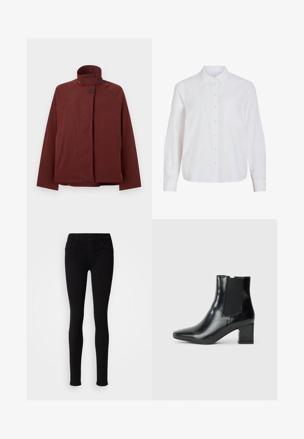 Veste rouge foncé à col montant, deux boutons noirs à l'avant et manches longues, présentée sur un fond gris clair uni.; Chemise blanche à manches longues, boutonnage frontal, col classique, poche poitrine unique, confectionnée dans un tissu lisse et léger avec une coupe décontractée.; Pantalons slim fit noirs avec fermeture à bouton, passants de ceinture et poches avant, présentés sur un fond clair et uni.; Botte cheville en cuir noir avec un bout pointu, des panneaux latéraux élastiques et un talon bloc. Texture lisse avec une finition brillante.