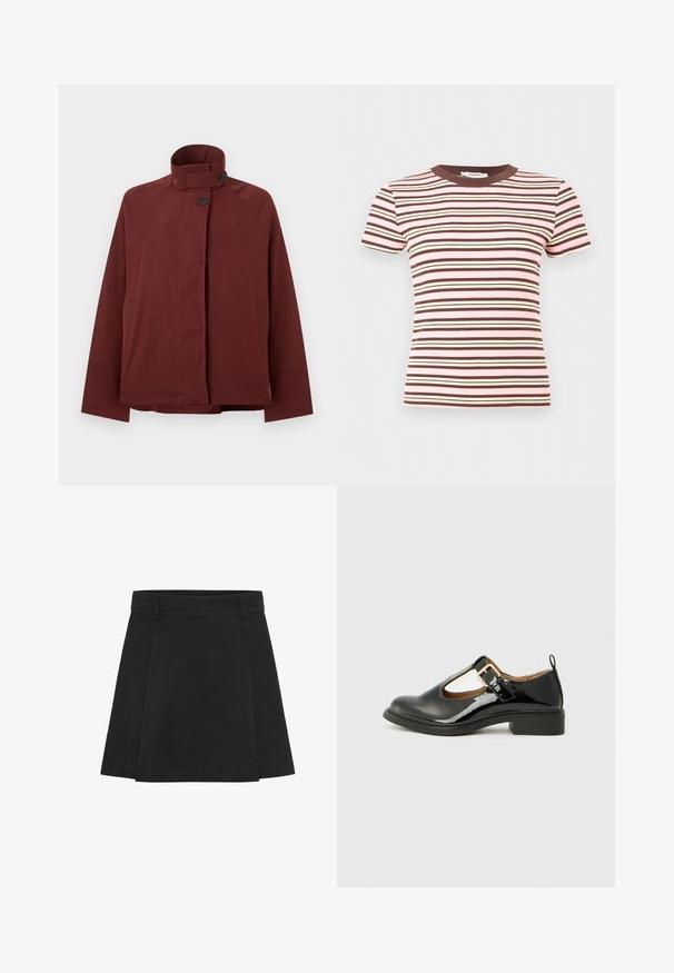 Veste rouge foncé à col montant, deux boutons noirs à l'avant et manches longues, présentée sur un fond gris clair uni.; T-shirt à manches courtes en tricot côtelé avec des rayures horizontales rose, marron et crème, avec un col rond marron.; Jupe plissée noire avec une taille structurée. Fabriquée à partir d'un tissu texturé, elle présente des plis distincts et un ourlet droit.; Chaussure Mary Jane en cuir verni noir avec un bout arrondi, une sangle au niveau de la cheville, un détail de boucle dorée et un petit talon carré. Texture lisse.