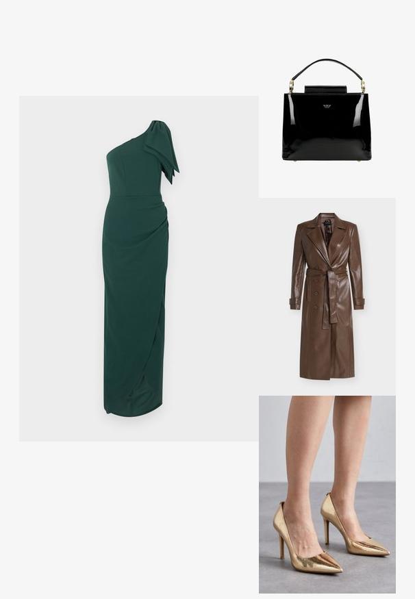 Brun læder trenchcoat med bælte i taljen, dobbeltradede knapper, brede revers og lange ærmer. Glat tekstur og skræddersyet design.; Mørkegrøn lang kjole med ét skulderbånd, stor sløjfedetalje på skulderen og en tætsiddende, rynket silhuet.; Guld højhælede pumps med spids tå, med et struktureret slangeskinds-mønster og en glat finish. Stiletto-hælen giver højde.; Sorte patentlæder håndtaske med et struktureret design, der har et top håndtag, guld hardware detaljer og en lille frontklap.