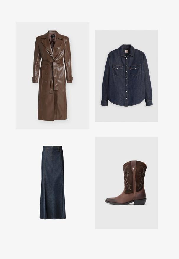 Bruine leren trenchcoat met een getailleerde taille, dubbele rij knopen, brede revers en lange mouwen. Gladde textuur en een op maat gemaakte pasvorm.; Donkerblauwe denim overhemd met lange mouwen, kraag met knopen aan de voorkant, twee borstzakken met kleppen en contrasterende gele stiksels.; Denim midi-rok in donkerblauw met een strakke taille, zichtbare stiksels en een rechte pasvorm. Voorzien van een rits aan de voorkant en zakken.; Bruine leren cowboylaars met een gestructureerd suède bovendeel, gedetailleerde witte stiksels, een spits toelopende neus en een lage blokhak.
