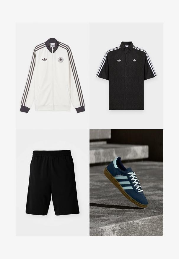 Valge Adidas'i spordijakk mustade kolme triibuga varrukatel, musta krae ja mansettide, Adidas'i logoga ning Saksa jalgpalliliidu embleemiga.; Must lühikeste varrukatega särk, millel on peen leekide muster, valged Adidas Trefoil logod rinnal ja valged kolmiktriibud varrukatel.; Mustad mustad treeningpüksid, mis on valmistatud sünteetilisest materjalist, elastse vöökoha ja küljetaskutega. Sile tekstuur, ilma nähtavate mustriteta.; Sinine Adidas Spezial tennisk, valgete triipude ja paeltega, kummist tallaga, hõljub kareda betoonpinna ja sammude kohal taustal.