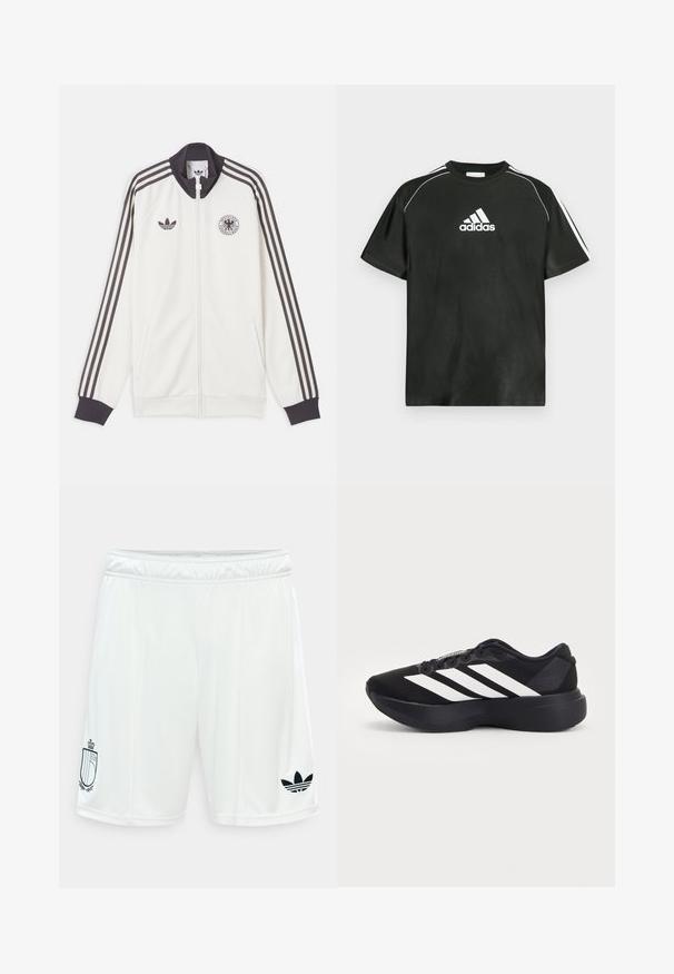 Άσπρο αθλητικό μπουφάν Adidas με μαύρες τρεις ρίγες στα μανίκια, μαύρο γιακά και μανσέτες, λογότυπο Adidas και έμβλημα της Γερμανικής ποδοσφαιρικής ομοσπονδίας.; Μαύρο κοντομάνικο μπλουζάκι με λευκό λογότυπο Adidas στο στήθος και λευκές ρίγες στους ώμους. Κατασκευασμένο από λείο ύφασμα, άνετη εφαρμογή.; Λευκά αθλητικά σορτς με ελαστική μέση, με μαύρο λογότυπο Adidas στο δεξί πόδι και έμβλημα με ασπίδα στο αριστερό πόδι.; Μαύρο αθλητικό παπούτσι με χοντρή σόλα και τρεις λευκές διαγώνιες ρίγες στο πλάι, εμφανιζόμενο από την εξωτερική πλευρά.