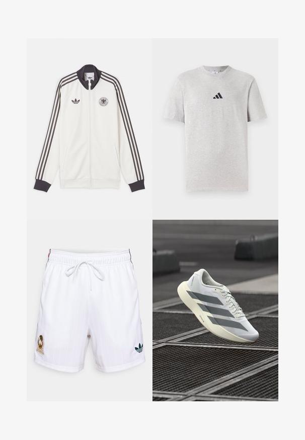 Άσπρο αθλητικό μπουφάν Adidas με μαύρες τρεις ρίγες στα μανίκια, μαύρο γιακά και μανσέτες, λογότυπο Adidas και έμβλημα της Γερμανικής ποδοσφαιρικής ομοσπονδίας.; Γκρι βαμβακερό μπλουζάκι με κοντά μανίκια, στρογγυλή λαιμόκοψη, με ένα μικρό μαύρο λογότυπο τριών γραμμών στην πάνω αριστερή πλευρά του στήθους.; Λευκά αθλητικά σορτς με κάθετες ρίγες, ελαστική μέση, κορδόνι, κεντητό έμβλημα στο αριστερό πόδι και πράσινο λογότυπο στο δεξί πόδι.; Λευκό αθλητικό παπούτσι με υφή από διχτυωτό υλικό στο πάνω μέρος, με γκρι ρίγες και επενδεδυμένη σόλα. Ελαφρύς σχεδιασμός κατάλληλος για τρέξιμο.