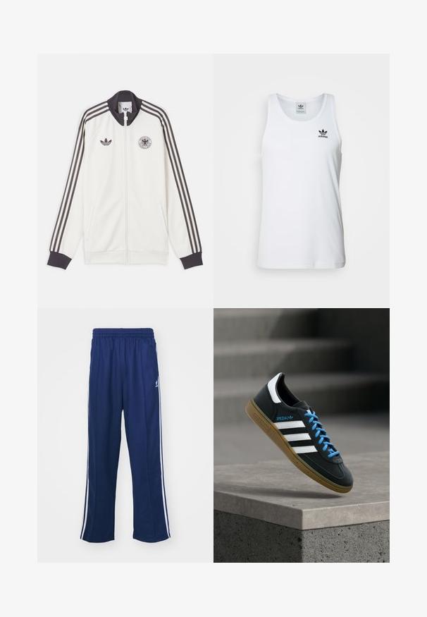 Chaqueta de chándal blanca de Adidas con tres franjas negras en las mangas, cuello y puños negros, logo de Adidas y emblema de la asociación de fútbol de Alemania.; Top sin mangas blanco con canalé y escote redondo, logo negro de Adidas en el lado izquierdo del pecho. Material de algodón suave, corte casual.; Pantalones deportivos en azul marino con un corte relajado, que presentan franjas laterales blancas y una cintura elástica. Tejido suave, sin patrones visibles ni herrajes.; Zapatilla negra Adidas con franjas blancas, cordones azules y suela de goma flotando sobre un escalón de hormigón gris con luz suave.