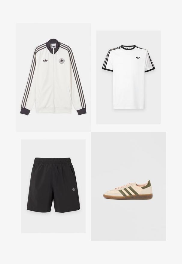 Veste de survêtement blanche Adidas avec trois bandes noires sur les manches, col et poignets noirs, logo Adidas et emblème de la fédération allemande de football.; T-shirt en coton blanc avec un col et des manches ribbés noirs, comportant trois rayures noires sur chaque épaule et un petit logo sur la poitrine.; Short de sport noir à taille élastique avec poches latérales et petit logo Adidas sur la jambe gauche.; Baskets beige discrètes Adidas Spezial avec des bandes vertes, une semelle en caoutchouc et le logo "SPEZIAL" sur le côté, vues de l'extérieur.