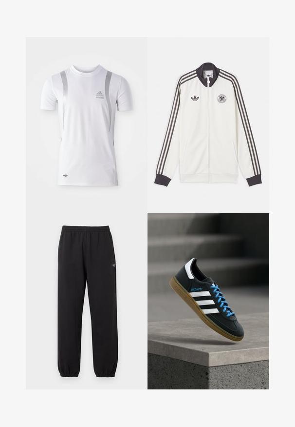 Hvid Adidas løbejakke med sorte tre striber på ærmerne, sort krave og manchetter, Adidas-logo og emblem fra det tyske fodboldforbund.; Hvid kortærmet træningsskjorte med sølvdetaljer, med rund hals og et Adidas-logo på brystet. Lavet af fugttransporterende materiale.; Sorte Adidas sweatpants med elastisk talje og manchetter, med et lille hvidt Adidas trefoil-logo på det øverste venstre ben.; Sort Adidas sneaker med hvide striber, blå snørebånd og gummisål, der svæver over gråt betontrin i blødt lys.