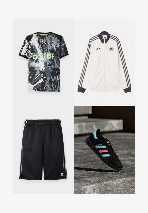 Witte Adidas trainingsjas met zwarte drie strepen op de mouwen, zwarte kraag en manchetten, Adidas-logo en het embleem van de Duitse voetbalbond.; Korte mouwen, ronde hals sportshirt met een zwart-wit-grijze abstracte print; voorzien van een neon groene "adiTUFF" logo en roze accenten.; Zwarte Adidas sportshorts met witte zijstrepen, elastische tailleband, zijzakken en het Adidas-logo op het linkeronderbeen.; Zwarte Adidas Spezial sneaker met blauwe en roze strepen, zwevend boven een getextureerd grijs betonnen oppervlak met schaduw eronder.