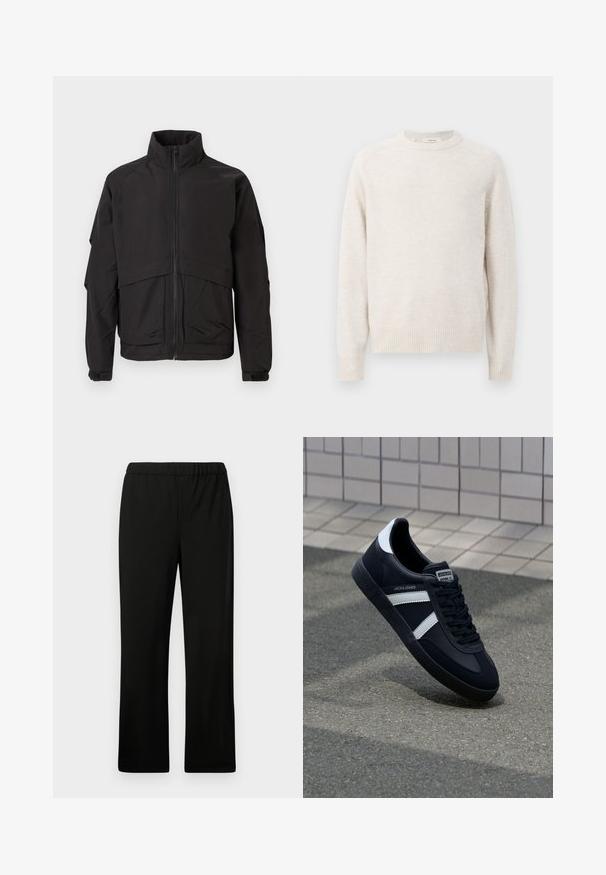 Sort jakke med høj krave, lynlås lukning og lange ærmer. Har et lagdelt design og en glat, mat tekstur.; Flødefarvet sweater med rund halsudskæring, ribbede manchetter og kant. Blød tekstur med et enkelt, rent design og raglanærmer.; Sorte elastiske bukser med lige ben-design. Fremstillet af glat stof, uden synlige mønstre eller udsmykninger.; Sort lædersneaker med hvide striber, tekstureret gummisål og snørrebånd foran. Har et brandet mærke på tungen.