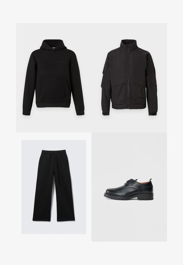 Zwarte jas met een hoge kraag, ritssluiting en lange mouwen. Kenmerkt zich door een gelaagd ontwerp en een zachte, matte textuur.; Zwarte hoodie met een voorzak, lange mouwen en een kleine horizontale naaddetail op de linkerborst tegen een witte achtergrond.; Zwarte wijde broek met elastische tailleband, twee zijzakken en een gladde textuur. Ontworpen voor comfort en bewegingsvrijheid.; Zwarte leren derby schoenen met een gladde textuur, ronde neus, vetersluiting en een dikke, robuuste rubberen zool.