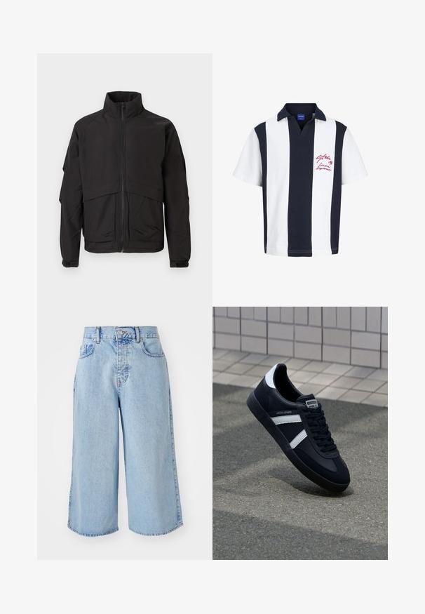 Sort jakke med høj krave, lynlås lukning og lange ærmer. Har et lagdelt design og en glat, mat tekstur.; Kortærmet polo med brede lodrette navyblå og hvide striber, navyblå krave og rød tekstbrodering på venstre bryst.; Lys blå denim culotte-shorts med høj talje, fem rum og løs pasform. Har en falmet tekstur og dobbeltstikninger i kanten.; Sort lædersneaker med hvide striber, tekstureret gummisål og snørrebånd foran. Har et brandet mærke på tungen.