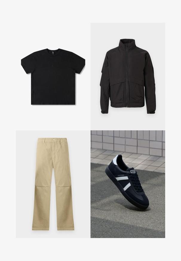Sort jakke med høj krave, lynlås lukning og lange ærmer. Har et lagdelt design og en glat, mat tekstur.; Sort kortærmet t-shirt lavet af bomuld med rund hals, med et diskret logo i midten og en afslappet pasform.; Beige lige bukser med trykknaplukning, bæltestropper og syninger ved knæene, liggende fladt på en hvid baggrund.; Sort lædersneaker med hvide striber, tekstureret gummisål og snørrebånd foran. Har et brandet mærke på tungen.