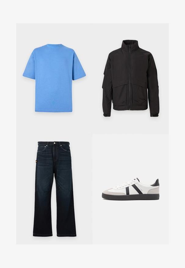 Sort jakke med høj krave, lynlås lukning og lange ærmer. Har et lagdelt design og en glat, mat tekstur.; Blå bomulds T-shirt med korte ærmer, rund halsudskæring og ensfarvet design. Blød tekstur og afslappet pasform.; Mørkeblå lige ben jeans med klassisk fem-lomme design, bæltestropper og subtile falmede detaljer foran og på knæene.; Hvide sneakers med sorte og grå detaljer, med en tekstureret grå tåhætte, sort gummisål og flade hvide snørebånd. Rent design, minimalistisk stil.