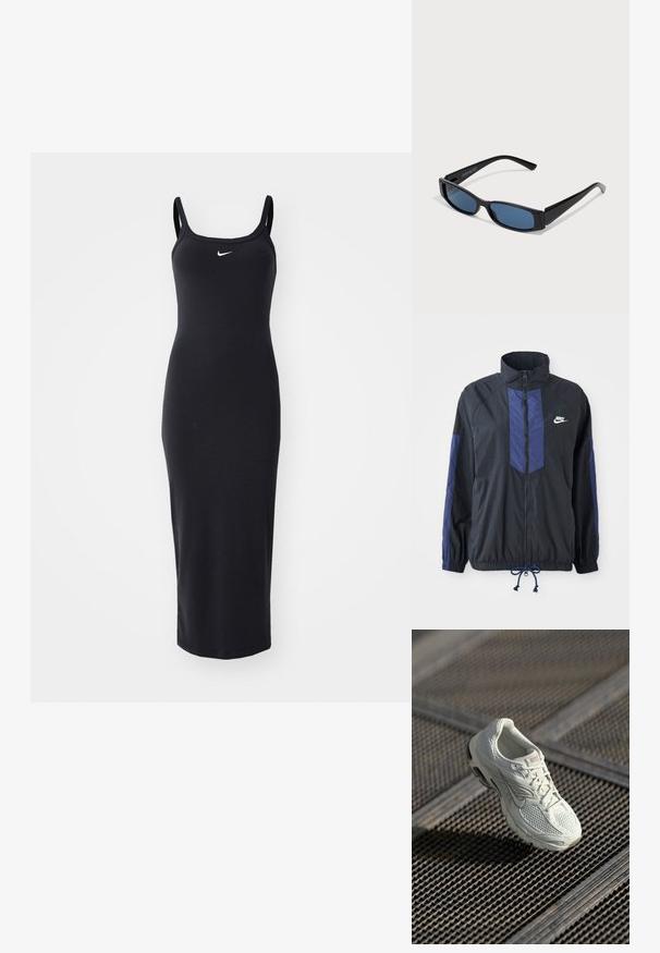 Schwarze Jacke mit marineblauen Akzenten, hohem Kragen, durchgehendem Reißverschluss, elastischen Bündchen und Kordelzugsaum. Nike-Logo auf der linken Brust. Leichtes Material.; Schwarzes, figurbetontes Midikleid mit dünnen Trägern, gerippter Struktur und kleinem weißen Nike-Logo auf der Brust. Minimalistisches Design, dehnbare Stoff.; Weiße Nike-Laufschuhe mit Mesh- und synthetischem Obermaterial, die auf einem Metallgittersockel im sanften natürlichen Licht liegen.; Schwarze Sonnenbrille mit einem eleganten rechteckigen Rahmen und blauen Gläsern. Besitzt eine glatte Oberfläche und robuste Scharniere. Markenlogo an der Seite.
