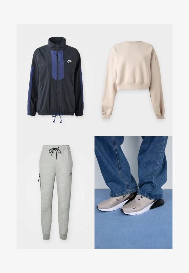 Sort jakke med marineblå detaljer, høj krave, fuld lynlås foran, elastiske manchetter og snoretræk i kanten. Nike-logo på venstre bryst. Letvægtsstof.; Beige cropped langærmet sweatshirt med rund hals og lille hvid Nike-logo centreret under kraven.; Grå træningsbukser lavet af blødt stof med en snoretræk i taljen, tapered ben og en lynlåslomme på venstre side. Har sort logo.; Grå sneakers med mesh-overdel, sorte accenter og hvid sål. Båret med løse blå denim jeans, der delvist dækker kanten af skoene.
