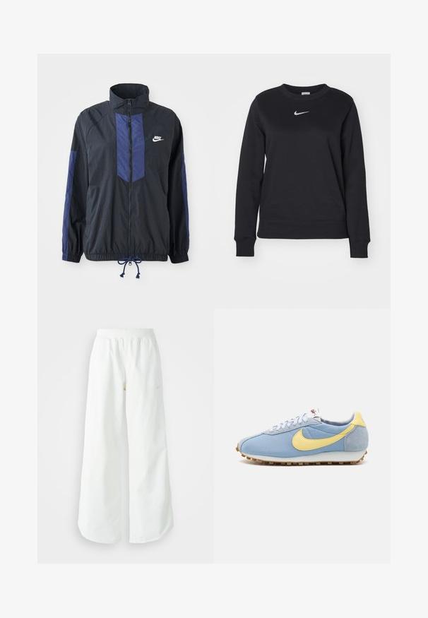 Sort jakke med marineblå detaljer, høj krave, fuld lynlås foran, elastiske manchetter og snoretræk i kanten. Nike-logo på venstre bryst. Letvægtsstof.; Sort sweatshirt lavet af bomuldsblanding, med ribbede manchetter og kant, rund halsudskæring og sølvfarvet Nike-logo på brystet.; Hvide athletic bukser med vidde, ribbet talje og subtile logo detaljer. Glat stof med en afslappet pasform og tapered hals.; Blå mesh- og ruskinds-sneakers med gul Nike swoosh, hvide snørebånd og lysebrun sål; klassisk atletisk design.