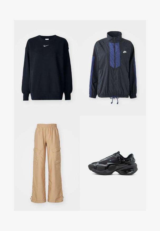 Sort jakke med marineblå detaljer, høj krave, fuld lynlås foran, elastiske manchetter og snoretræk i kanten. Nike-logo på venstre bryst. Letvægtsstof.; Sort sweatshirt lavet af bomuldsblanding; ribbet rund hals, lange ærmer og elastiske manchetter; har et lille sølvfarvet Nike-logo på brystet.; Nike Sportswear TREND - Cargobukser - hemp; Sort sneaker med skinnende og netpaneler, afrundede sålesegmenter og små blomsterudsmykninger nær hælen og snørebåndene.