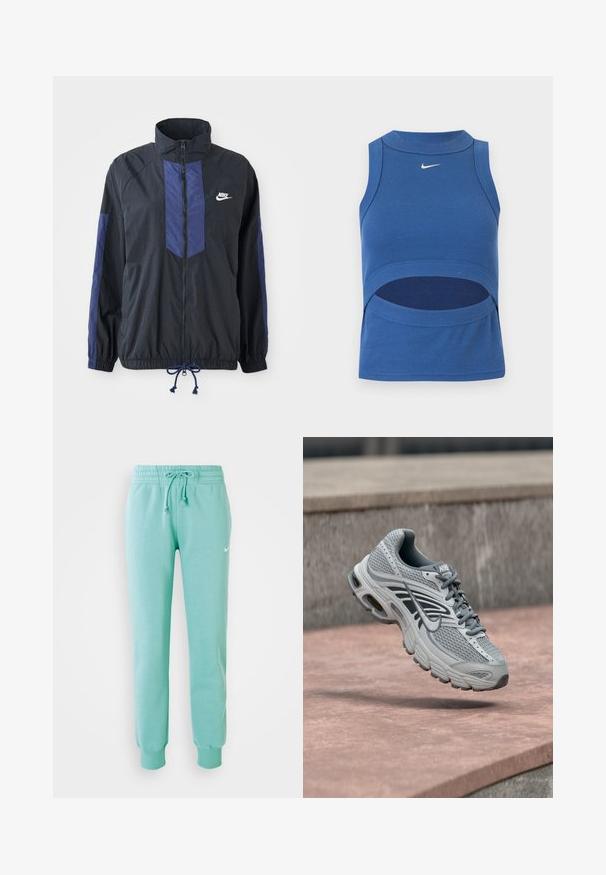 Sort jakke med marineblå detaljer, høj krave, fuld lynlås foran, elastiske manchetter og snoretræk i kanten. Nike-logo på venstre bryst. Letvægtsstof.; Blå ærmeløs Nike crop top med høj hals og udskæring ved maven, ribbet stof og hvid Swoosh-logo foran midt på.; Mintgrønne sweatpants med elastisk talje, snoretræk og ribstrikkede manchetter. Har et lille hvidt Nike-logo på venstre lår.; Lys grå og hvid Nike løbesko med mesh-design, svævende over en stenet overflade udendørs.