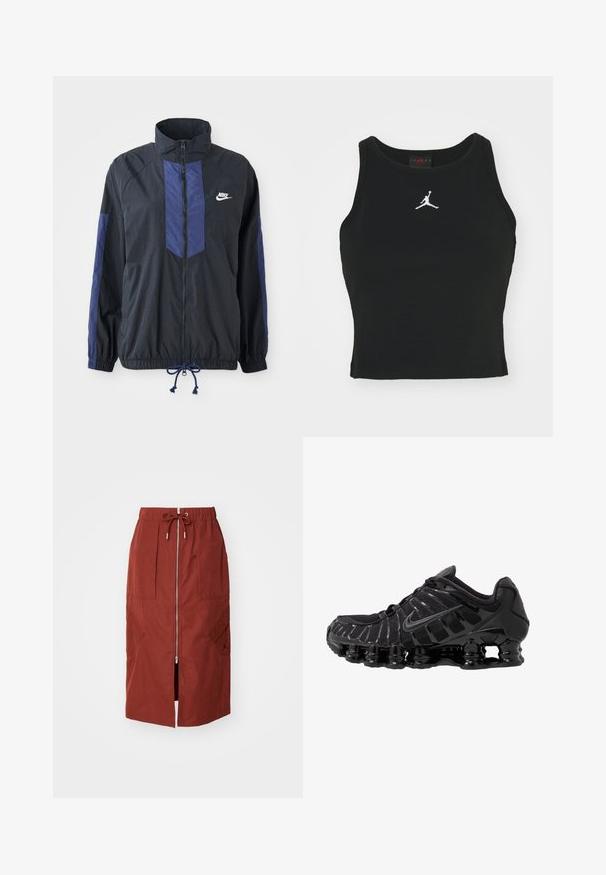 Zwarte jas met marineblauwe accenten, hoge kraag, volledige rits aan de voorkant, elastische manchetten en verstelbare zoom. Nike-logo op de linkerborst. Lichtgewicht stof.; Zwarte, op maat gemaakte tanktop van katoen, met een ronde halslijn en een wit Jordan-logo dat op het midden van de voorkant is gestikt. Soepele textuur.; Mid-length rok in terracotta rood, met een rits aan de voorkant, een elastische tailleband met trekkoord en zijzakken met een geometrisch ontwerp.; Zwarte sportieve schoen met mesh-bovenwerk en glanzende overlays. Bevat afgeronde spoelvering en textuur lijnen aan de zijkant. Nike-logo zichtbaar.