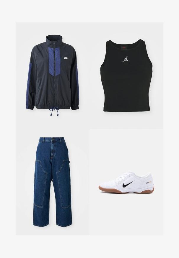 Zwarte jas met marineblauwe accenten, hoge kraag, volledige rits aan de voorkant, elastische manchetten en verstelbare zoom. Nike-logo op de linkerborst. Lichtgewicht stof.; Zwarte, op maat gemaakte tanktop van katoen, met een ronde halslijn en een wit Jordan-logo dat op het midden van de voorkant is gestikt. Soepele textuur.; Donkerdenim wijde jeans met hoge taille, voorzien van grote voorzakken en contrasterende stiksels. De stof heeft een lichte textuur.; Witte Nike Total 90 III zaalvoetbalschoen met zwart swoosh-logo en gumzool, zijaanzicht op een effen achtergrond.