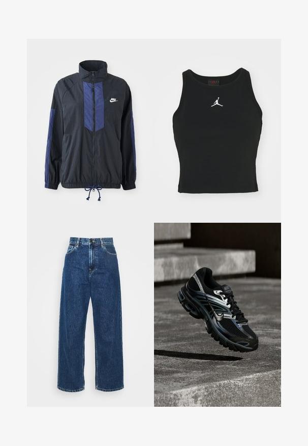 Sort jakke med marineblå detaljer, høj krave, fuld lynlås foran, elastiske manchetter og snoretræk i kanten. Nike-logo på venstre bryst. Letvægtsstof.; Sort tætsiddende tanktop lavet af bomuld, med rund udskæring og et hvidt Jordan-logo syet på fronten i midten. Glat tekstur.; Lysblå denim brede ben jeans med høj talje, synlig syning og standard lommer. Har en knap- og lynlåslukning.; Sort og sølv Nike løbesko svævende over betontrappe, viser detaljeret design og tekstureret sål i udendørs omgivelser.