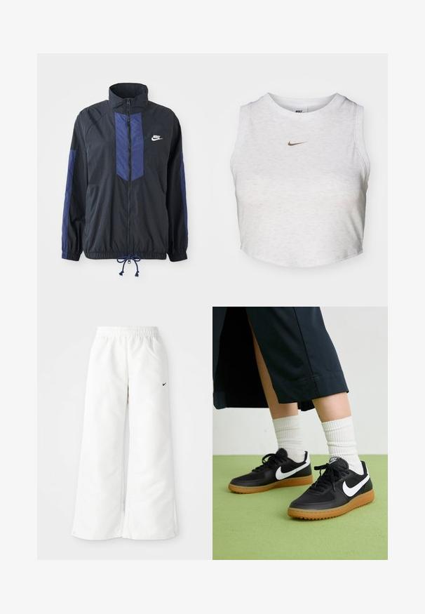 Schwarze Jacke mit marineblauen Akzenten, hohem Kragen, durchgehendem Reißverschluss, elastischen Bündchen und Kordelzugsaum. Nike-Logo auf der linken Brust. Leichtes Material.; Weißes Crop-Top aus weichem, strukturiertem Stoff. Verfügt über einen runden Ausschnitt und einen ärmellosen Schnitt mit einem kleinen goldenen Nike-Logo auf der Vorderseite.; Weiße Sporthose mit weitem Bein, elastischem Bund und kleinem schwarzen Nike-Logo auf der linken Seite. Glattes, leichtes Material.; Schwarze Leder- und synthetische Sneakers mit weißem Nike-Swoosh, Gummisohle, runder Spitze und schwarzen Schnürsenkeln. Gestreifte weiße Socken sind sichtbar.