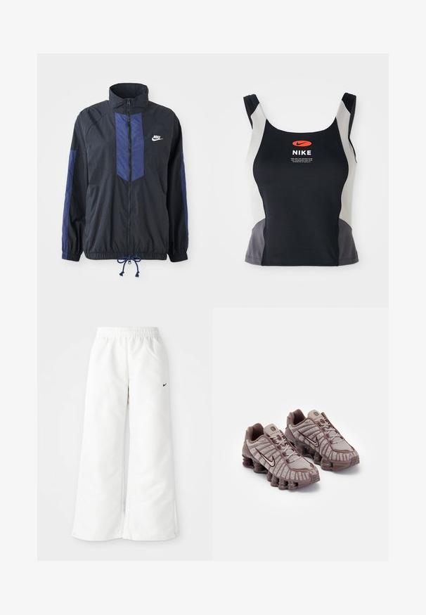 Sort jakke med marineblå detaljer, høj krave, fuld lynlås foran, elastiske manchetter og snoretræk i kanten. Nike-logo på venstre bryst. Letvægtsstof.; Sorte og grå atletisk tanktop med rund halsudskæring, smalle stropper og et centralt orange Nike-logo trykt på forsiden.; Hvide atletiske bukser med et bredbenet design, elastisk talje og et lille sort Nike-logo på venstre side. Glat, let materiale.; Nike Sportswear SHOX TL - Sneakers - pumice/night maroon/plum eclipse