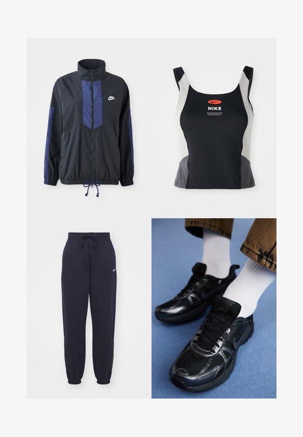 Sort jakke med marineblå detaljer, høj krave, fuld lynlås foran, elastiske manchetter og snoretræk i kanten. Nike-logo på venstre bryst. Letvægtsstof.; Sorte og grå atletisk tanktop med rund halsudskæring, smalle stropper og et centralt orange Nike-logo trykt på forsiden.; Nike joggingbukser i navyblå, lavet af blødt materiale. Har en elastisk talje med snor og manchetter ved anklerne. Lille hvidt logo accenter.; Sorte Nike-sneakers med mesh og syntetisk materiale, der har en struktureret overdel, sorte snørebånd og holdbare gummisåler. Hvide ribstrikkede sokker er synlige.