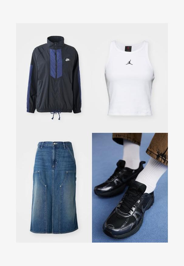 Sort jakke med marineblå detaljer, høj krave, fuld lynlås foran, elastiske manchetter og snoretræk i kanten. Nike-logo på venstre bryst. Letvægtsstof.; Hvid cropped tanktop lavet af bomuld med ribbet tekstur. Har et sort Jordan-logo i midten og en klassisk rund halsudskæring.; Blå denimnederdel med lige snit, forlommer og en talje med knaplukning, prydet med en falmet tekstur og sømdetaljer.; Sorte Nike-sneakers med mesh og syntetisk materiale, der har en struktureret overdel, sorte snørebånd og holdbare gummisåler. Hvide ribstrikkede sokker er synlige.