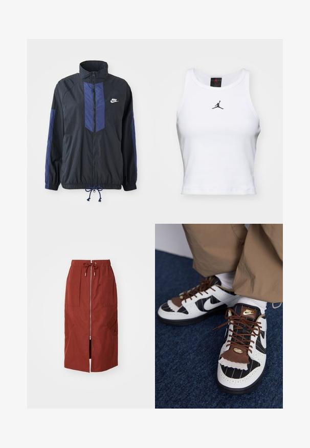 Chaqueta negra con acentos en azul marino, cuello alto, cierre frontal completo, puños elásticos y dobladillo con cordón ajustable. Logo de Nike en el lado izquierdo del pecho. Tejido ligero.; Top corto blanco de algodón con textura acanalada. Cuenta con un logo negro de Jordan en el centro y un clásico escote redondo.; Falda de longitud media en rojo terracota, con cremallera frontal, cinturilla elástica con cordón ajustable y bolsillos laterales con un diseño geométrico.; Zapatillas Nike con materiales en blanco, negro y marrón. Presentan una solapa texturizada marrón, un diseño de rayas y cordones tradicionales con acentos dorados.