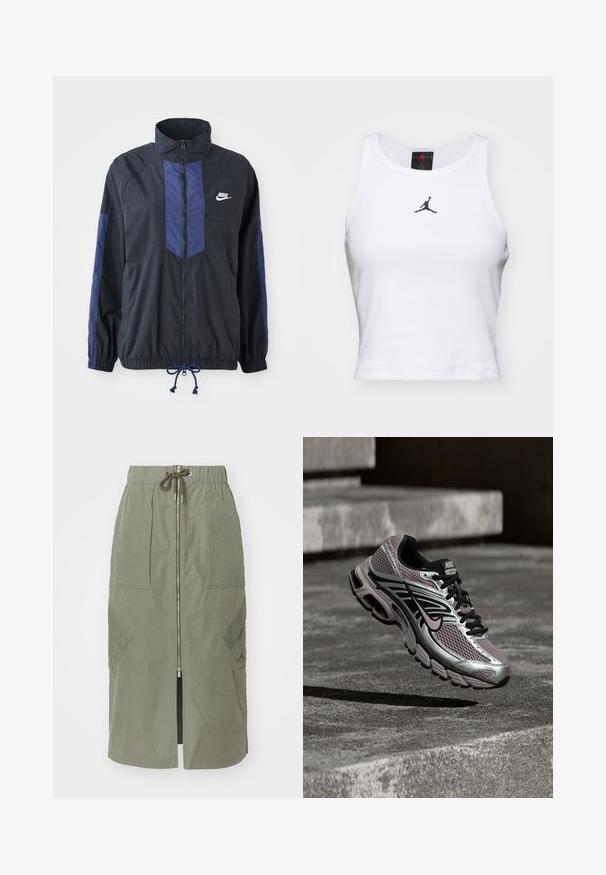 Schwarze Jacke mit marineblauen Akzenten, hohem Kragen, durchgehendem Reißverschluss, elastischen Bündchen und Kordelzugsaum. Nike-Logo auf der linken Brust. Leichtes Material.; Weißes Crop-Top aus Baumwolle mit geripptem Struktur. Verfügt über ein schwarzes Jordan-Logo in der Mitte und einen klassischen Rundhalsausschnitt.; Olivengrüner Midirock aus leichtem Stoff, mit einem Reißverschluss vorne, elastischem Taillenbund und großen Seitentaschen mit schrägen Klappen.; Nike Air Max Laufschuh mit silbernem, schwarzem und lila Mesh, in der Luft schwebend über einer Betonfläche und Treppen.