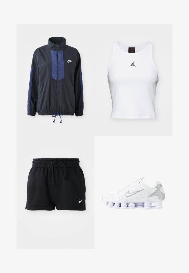 Schwarze Jacke mit marineblauen Akzenten, hohem Kragen, durchgehendem Reißverschluss, elastischen Bündchen und Kordelzugsaum. Nike-Logo auf der linken Brust. Leichtes Material.; Weißes Crop-Top aus Baumwolle mit geripptem Struktur. Verfügt über ein schwarzes Jordan-Logo in der Mitte und einen klassischen Rundhalsausschnitt.; Schwarze Sportshorts aus weichem Material, mit einem elastischen Bund und Kordelzug, Seitenschlitzen und einem kleinen weißen Logo am Saum.; Weiße Sportschuhe mit einem oberen Teil aus Mesh, silbernen Akzenten und einem einzigartigen Spiralsohlendesign. Verfügt über einen gepolsterten Schaft und eine Schnürung für optimalen Halt.