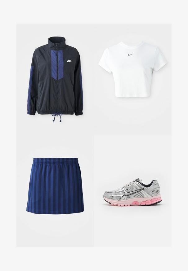 Schwarze Jacke mit marineblauen Akzenten, hohem Kragen, durchgehendem Reißverschluss, elastischen Bündchen und Kordelzugsaum. Nike-Logo auf der linken Brust. Leichtes Material.; Weißes, kurz geschnittenes T-Shirt aus Baumwolle mit kurzen Ärmeln und rundem Ausschnitt, versehen mit einem schwarzen Nike-Logo auf der Brust.; Marineblauer Rock mit vertikalen Streifen, elastischer Taille, mittellange Länge, aus leichtem Stoff, glatte Textur.; Nike Sportswear ZOOM VOMERO 5 NEWS - Sneaker low - photon dust/metallic silver/pink foam/medium soft pink/wolf grey/black