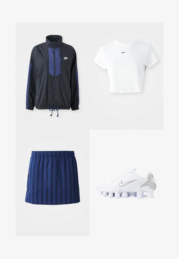 Zwarte jas met marineblauwe accenten, hoge kraag, volledige rits aan de voorkant, elastische manchetten en verstelbare zoom. Nike-logo op de linkerborst. Lichtgewicht stof.; Witte cropped T-shirt van katoen, met korte mouwen en een ronde halslijn, voorzien van een zwart Nike-logo op de borst.; Marineblauwe rok met verticale strepen, elastische tailleband, lengte tot halverwege het bovenbeen, gemaakt van lichte stof, gladde textuur.; Witte sportieve schoenen met een bovenwerk van mesh, zilveren accenten en een unieke spiraalzoolontwerp. Voorzien van een gevoerd kraag en vetersluiting voor een goede pasvorm.