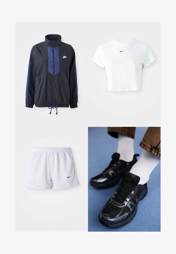Sort jakke med marineblå detaljer, høj krave, fuld lynlås foran, elastiske manchetter og snoretræk i kanten. Nike-logo på venstre bryst. Letvægtsstof.; Hvid kortærmet t-shirt lavet af bomuld, med korte ærmer og rund halsudskæring, og med et sort Nike-logo på brystet.; Hvide ribbede sports-shorts med elastisk talje og lille sort Nike-logo på nederste venstre side. Enkel, minimalistisk design.; Sorte Nike-sneakers med mesh og syntetisk materiale, der har en struktureret overdel, sorte snørebånd og holdbare gummisåler. Hvide ribstrikkede sokker er synlige.