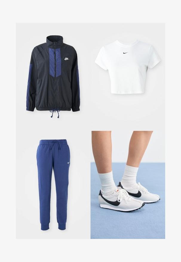 Sort jakke med marineblå detaljer, høj krave, fuld lynlås foran, elastiske manchetter og snoretræk i kanten. Nike-logo på venstre bryst. Letvægtsstof.; Hvid kortærmet t-shirt lavet af bomuld, med korte ærmer og rund halsudskæring, og med et sort Nike-logo på brystet.; Blå Nike sweatpants med elastisk talje, snøre, afsluttende ankler og hvid Nike swoosh-logo på venstre lår.; Hvide mesh sneakers med sorte accenter, rund tå og flad gummisål. Sæt sammen med ribbed hvide sokker.