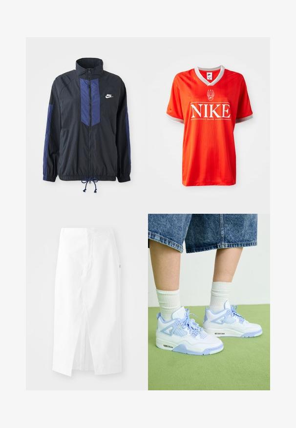 Zwarte jas met marineblauwe accenten, hoge kraag, volledige rits aan de voorkant, elastische manchetten en verstelbare zoom. Nike-logo op de linkerborst. Lichtgewicht stof.; Rode Nike-jersey met V-hals, grijze afwerking op de mouwen en groot wit "NIKE"-logo. Soepele, lichte stof met een subtiel gestreept patroon.; Witte katoenen midi-jurk met een rechte snit, zijsplit en verborgen rits. Effen structuur, minimalistisch ontwerp zonder zichtbare versieringen.; Witte en lichtblauwe sneakers met gaasaccenten, een ronde neus, veters en een luchtkusseneenheid, gecombineerd met witte geribde sokken en denim short.