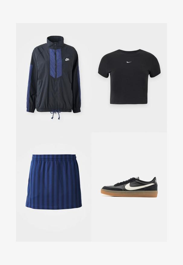 Zwarte jas met marineblauwe accenten, hoge kraag, volledige rits aan de voorkant, elastische manchetten en verstelbare zoom. Nike-logo op de linkerborst. Lichtgewicht stof.; Zwart cropped t-shirt van katoen, met een ronde hals en korte mouwen. Opvallend wit Nike-logo op de borst.; Marineblauwe rok met verticale strepen, elastische tailleband, lengte tot halverwege het bovenbeen, gemaakt van lichte stof, gladde textuur.; Zwarte sportieve schoen met een bovenwerk van textuurleer, witte swoosh-logo en een gumrubberen zool. Vetersluiting met voering bij de kraag voor extra comfort.