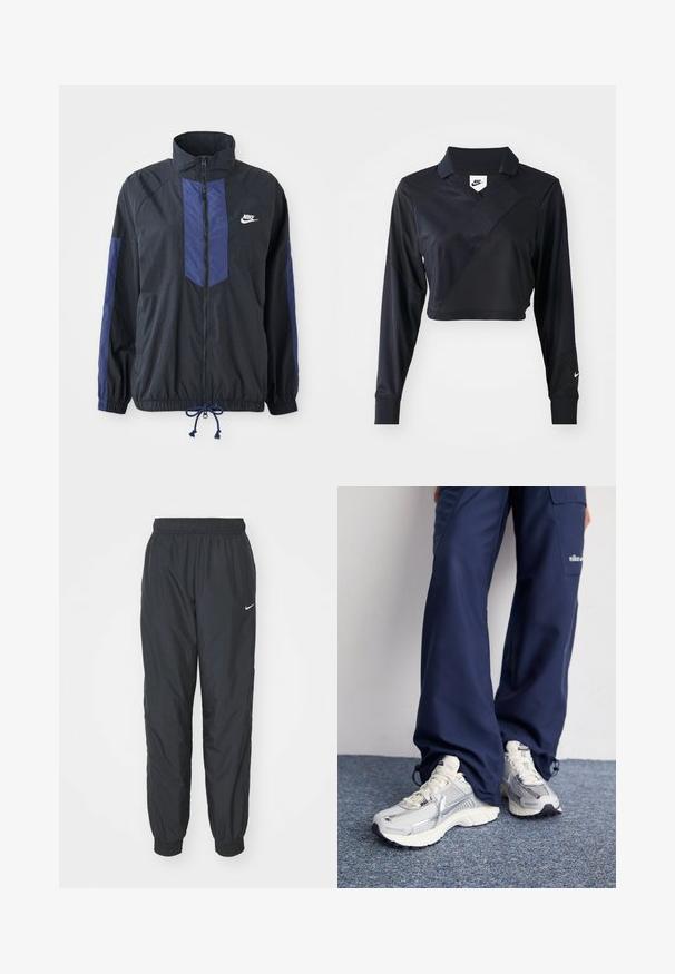 Schwarze Jacke mit marineblauen Akzenten, hohem Kragen, durchgehendem Reißverschluss, elastischen Bündchen und Kordelzugsaum. Nike-Logo auf der linken Brust. Leichtes Material.; Schwarzes langärmliges, cropped Polo-Shirt mit V-Ausschnitt, diagonaler Nahtgestaltung, glatter Textur und einem Nike-Logo auf dem Ärmel.; Schwarze Nike Jogginghosen aus leichtem Material, mit elastischem Bund und Bündchen, versehen mit einem kleinen weißen Logo am linken Bein.; Nike Sportschuhe mit einem silbernen Mesh-Obermaterial, weißen Akzenten und strukturierten Sohlen, kombiniert mit locker sitzenden marineblauen Hosen.