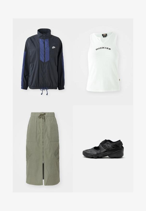 Sort jakke med marineblå detaljer, høj krave, fuld lynlås foran, elastiske manchetter og snoretræk i kanten. Nike-logo på venstre bryst. Letvægtsstof.; Hvid ribbet tanktop med V-halsdesign, prydet med ordet "DICKIES" i fede sorte bogstaver hen over brystet. Uden ærmer.; Oliven grøn midi-skjørt lavet af letvægtsstof, med en front lynlås, elastisk talje og store sidelommer med vinkelformede klapper.; Sort atletisk sandal med lukket tå, velcro stropper ved mellemfoden og hælen samt tyk polstret sål markeret med "AIR" på siden.