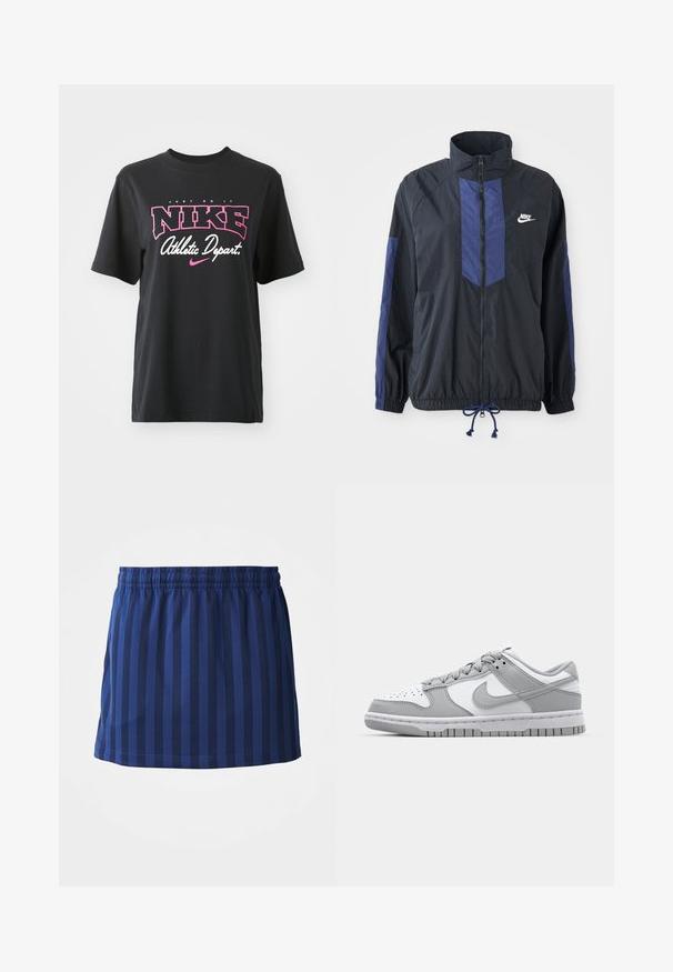 Sort jakke med marineblå detaljer, høj krave, fuld lynlås foran, elastiske manchetter og snoretræk i kanten. Nike-logo på venstre bryst. Letvægtsstof.; Sort bomulds T-shirt med grafisk print i pink og hvid med teksten "JUST DO IT," "NIKE," og "Athletic Depart." Standard pasform.; Mørkeblå nederdel med lodrette striber, elastisk talje, længde til midten af låret, lavet af letvægtsstof, glat tekstur.; Grå og hvide lavtop sneakers med læder- og ruskindsmaterialer, perforeret tåboks og gummisål. Har et fremtrædende swoosh-logo.