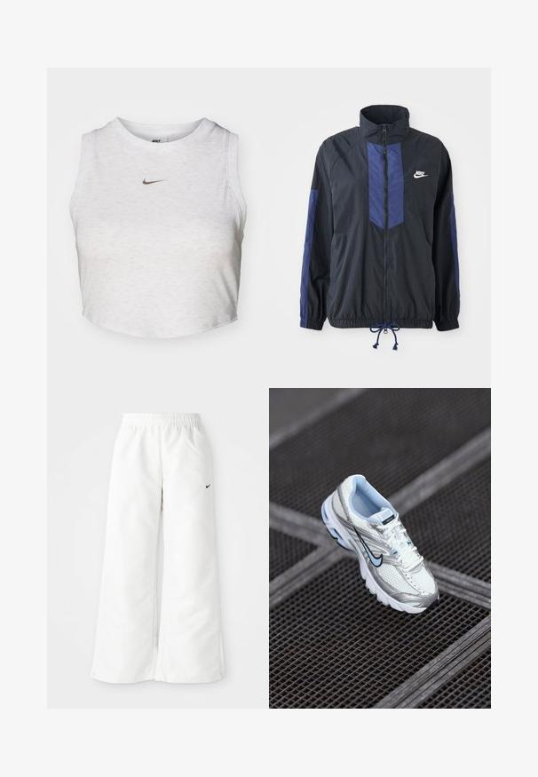 Sort jakke med marineblå detaljer, høj krave, fuld lynlås foran, elastiske manchetter og snoretræk i kanten. Nike-logo på venstre bryst. Letvægtsstof.; Hvid crop top lavet af blødt, tekstureret stof. Har en rund hals og uden ærmer med et lille guld Nike-logo på forsiden.; Hvide atletiske bukser med et bredbenet design, elastisk talje og et lille sort Nike-logo på venstre side. Glat, let materiale.; Hvide mesh atletiksko med sølvdetaljer, lyseblå syninger og et sort swoosh-logo. Har en polstret krave og en tekstureret sål.